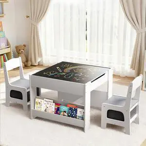 Kids Table and Chairs Set, 4 in 1 Toddler Art Desk with Storage Drawer, Wooden Activity Deskboard, Blackboard, Reversible & Detachable Tabletop, Bookshelf for Drawing, Reading (Grey & White) Kids Table and Chairs Set, 4 in 1 Toddler Art Desk with Storage Drawer, Wooden Activity Deskboard, Blackboard, Reversible & Detachable Tabletop, Bookshelf for Drawing, Reading (Grey & White)