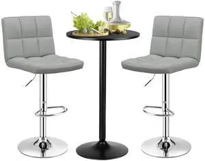 3-Piece Bar Table Set, Round Cocktail Table and PU Leather Adjustable Swivel Chairs, Modern Counter Height Table Set with 2 Bar Stools for Kitchen, Office, Grey 3-Piece Bar Table Set, Round Cocktail Table and PU Leather Adjustable Swivel Chairs, Modern Counter Height Table Set with 2 Bar Stools for Kitchen, Office, Grey