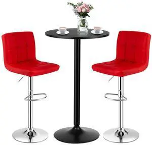 3-Piece Bar Table Set, Round Cocktail Table and PU Leather Adjustable Swivel Chairs, Modern Counter Height Table Set with 2 Bar Stool for Kitchen, Office (Red) 3-Piece Bar Table Set, Round Cocktail Table and PU Leather Adjustable Swivel Chairs, Modern Counter Height Table Set with 2 Bar Stool for Kitchen, Office (Red)
