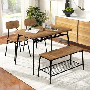 4-Piece Dining Table Set for 4, Industrial Rectangular Kitchen Table with Bench and 2 Chairs, Storage Racks, Metal Frame, Space-Saving Dinette Set for Dining Room, Living Room, Breakfast Nook 4-Piece Dining Table Set for 4, Industrial Rectangular Kitchen Table with Bench and 2 Chairs, Storage Racks, Metal Frame, Space-Saving Dinette Set for Dining Room, Living Room, Breakfast Nook