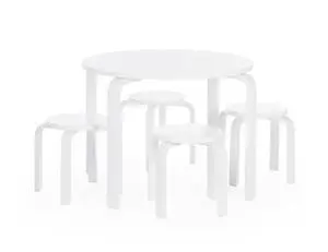 Nordic Table and Stools Set for Kids: White - Stacking Bentwood Stools with Curved Wood Toddler Activity Table - Children's Modern Bedroom, Playroom, and Living Room Furniture Nordic Table and Stools Set for Kids: White - Stacking Bentwood Stools with Curved Wood Toddler Activity Table - Children's Modern Bedroom, Playroom, and Living Room Furniture
