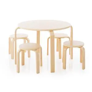 Nordic Table and Stools Set for Kids: Natural - 4 Stacking Bentwood Stools with Curved Wood Activity Table - Children's Modern Kitchen, Playroom and Classroom Furniture Nordic Table and Stools Set for Kids: Natural - 4 Stacking Bentwood Stools with Curved Wood Activity Table - Children's Modern Kitchen, Playroom and Classroom Furniture