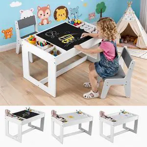 Table and Chairs for Kids 2-5, 4-1 Wooden Activity Art Desk Set w/Whiteboard, Chalkboard & Storage Cubes for Drawing, Crafting, Playing, Toddler Table and Chair Set (31.5 x 19.5 x 19,Gray) Table and Chairs for Kids 2-5, 4-1 Wooden Activity Art Desk Set w/Whiteboard, Chalkboard & Storage Cubes for Drawing, Crafting, Playing, Toddler Table and Chair Set (31.5 x 19.5 x 19,Gray)