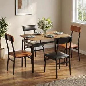 Dining Table Set for 4 Wooden Kitchen Table with 4 PU Upholstered Chairs, Industrial Metal Frame Kitchen & Dining Set for Home, Apartment, Studio, Brown & Black Dining Table Set for 4 Wooden Kitchen Table with 4 PU Upholstered Chairs, Industrial Metal Frame Kitchen & Dining Set for Home, Apartment, Studio, Brown & Black