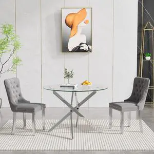 Round Glass Dining Table Set for 2, Circle Glass Kitchen Table Set Small Dining Room Set with 2 Dining Chairs for Kitchen Dining Room Round Glass Dining Table Set for 2, Circle Glass Kitchen Table Set Small Dining Room Set with 2 Dining Chairs for Kitchen Dining Room