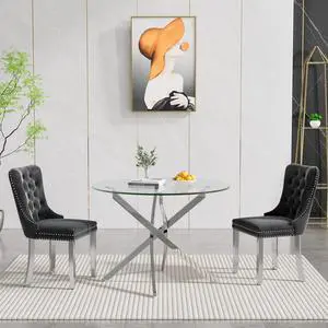 Round Glass Dining Table Set for 2, Circle Glass Kitchen Table Set Small Dining Room Set with 2 Dining Chairs for Kitchen Dining Room Round Glass Dining Table Set for 2, Circle Glass Kitchen Table Set Small Dining Room Set with 2 Dining Chairs for Kitchen Dining Room