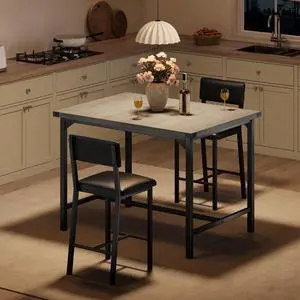 3-Piece Dining Table Set with Counter Height High Top Table and 2 Chairs, Dining Table Set for 2 w/Footrest & Backrest, Bar Table Set with Corner Protector for Dining Room,Rustic Gray 3-Piece Dining Table Set with Counter Height High Top Table and 2 Chairs, Dining Table Set for 2 w/Footrest & Backrest, Bar Table Set with Corner Protector for Dining Room,Rustic Gray