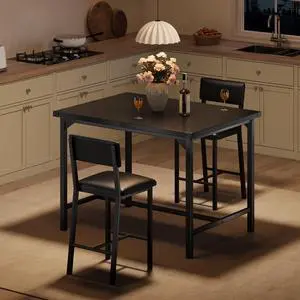 3-Piece Dining Table Set with Counter Height High Top Table and 2 Chairs, Dining Table Set for 2 w/Footrest & Backrest, Bar Table Set with Corner Protector for Dining Room,Rustic Black 3-Piece Dining Table Set with Counter Height High Top Table and 2 Chairs, Dining Table Set for 2 w/Footrest & Backrest, Bar Table Set with Corner Protector for Dining Room,Rustic Black
