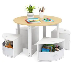 Kids Table and Chair Set, Children Activity Play Table with 4 Storage Stools for Art Craft, Nesting Design Toddler Table and Chair Set for Playroom, Daycare, Gift for Boys Girls (Natural) Kids Table and Chair Set, Children Activity Play Table with 4 Storage Stools for Art Craft, Nesting Design Toddler Table and Chair Set for Playroom, Daycare, Gift for Boys Girls (Natural)