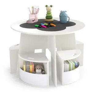 White Kids Table and Chair Set, Children Activity Play Table with 4 Storage Stools for Art Craft, Nesting Design Toddler Table and Chair Set for Playroom, Daycare, Gift for Boys Girls White Kids Table and Chair Set, Children Activity Play Table with 4 Storage Stools for Art Craft, Nesting Design Toddler Table and Chair Set for Playroom, Daycare, Gift for Boys Girls