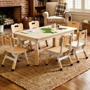 Kids Table and 6 Chairs Set, Height Adjustable Toddler Table and Chair Set, Graffiti Desktop, Children Study Table for 6 for Home Daycare Preschool for Ages 2-10, Wood Color Kids Table and 6 Chairs Set, Height Adjustable Toddler Table and Chair Set, Graffiti Desktop, Children Study Table for 6 for Home Daycare Preschool for Ages 2-10, Wood Color