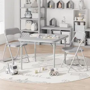 Boys and Girls Folding Table and Chairs Set of 3, Portable Table and Chair with PU Soft Cushion, Suitable for Eating, Reading and Playing-Grey Boys and Girls Folding Table and Chairs Set of 3, Portable Table and Chair with PU Soft Cushion, Suitable for Eating, Reading and Playing-Grey