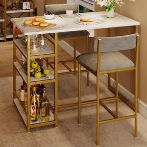 Dining Table Set for 2, Kitchen Table and Upholstered Chairs for 2, 3 Piece Counter Height Bar Kitchen Table Set with 3 Storage Shelves for Small Space, Apartment, Velvet Gray and Gold White Dining Table Set for 2, Kitchen Table and Upholstered Chairs for 2, 3 Piece Counter Height Bar Kitchen Table Set with 3 Storage Shelves for Small Space, Apartment, Velvet Gray and Gold White