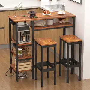 3-Piece Bar Table and Chairs Set,Counter Height Bar Table Set with Power Outlets and Storage Shelves,Dining Table Set with 2 Chairs,Industrial Table Chairs Set for Bar,Kitchen,Apartment 3-Piece Bar Table and Chairs Set,Counter Height Bar Table Set with Power Outlets and Storage Shelves,Dining Table Set with 2 Chairs,Industrial Table Chairs Set for Bar,Kitchen,Apartment