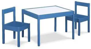 3-Piece Kids Wood Table & Chair Set, 19" x 25.25", Dark Blue Finish, Dry Erase Surface, Includes 2 Chairs, Solid Wood Construction, Durable Design for Playroom or Creative Activities 3-Piece Kids Wood Table & Chair Set, 19" x 25.25", Dark Blue Finish, Dry Erase Surface, Includes 2 Chairs, Solid Wood Construction, Durable Design for Playroom or Creative Activities