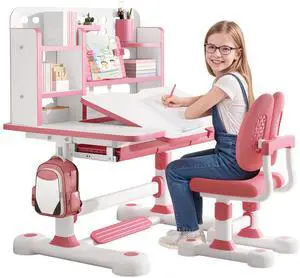 Upgrade Kids' Desk & Chair Sets, 50-Degree Tiltable Desktop Height Adjustable Kids Table and Chair Set with Bookshelf Storage Drawer for Bedroom Study Room (Pink A) Upgrade Kids' Desk & Chair Sets, 50-Degree Tiltable Desktop Height Adjustable Kids Table and Chair Set with Bookshelf Storage Drawer for Bedroom Study Room (Pink A)