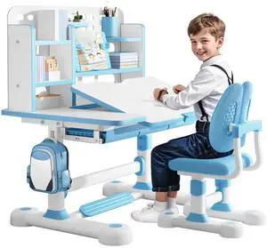 Upgrade Kids' Desk & Chair Sets, 50-Degree Tiltable Desktop Height Adjustable Kids Table and Chair Set with Bookshelf Storage Drawer for Bedroom Study Room (Blue B) Upgrade Kids' Desk & Chair Sets, 50-Degree Tiltable Desktop Height Adjustable Kids Table and Chair Set with Bookshelf Storage Drawer for Bedroom Study Room (Blue B)
