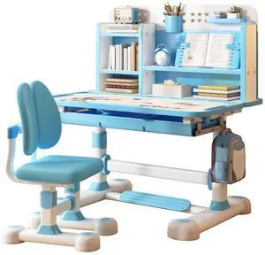 Upgrade Kid Desk and Chair Set, 50-Degree Tiltable Desktop Height Adjustable Kids Table and Chair Set with Bookshelf Storage Drawer for Bedroom Study Room (Blue B) Upgrade Kid Desk and Chair Set, 50-Degree Tiltable Desktop Height Adjustable Kids Table and Chair Set with Bookshelf Storage Drawer for Bedroom Study Room (Blue B)