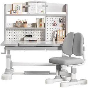 Upgrade Kid Desk and Chair Set, 50-Degree Tiltable Desktop Height Adjustable Kids Table and Chair Set with Bookshelf Storage Drawer for Bedroom Study Room (Grey C) Upgrade Kid Desk and Chair Set, 50-Degree Tiltable Desktop Height Adjustable Kids Table and Chair Set with Bookshelf Storage Drawer for Bedroom Study Room (Grey C)