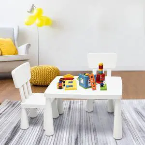 Kids Table and Chair Set, 3 Piece Plastic Toddler Table and Chairs for Art Craft, Reading, Drawing, Snack Time, Playroom, Preschool, Kindergarten, Children Activity Table for Ages 1-7 (White) Kids Table and Chair Set, 3 Piece Plastic Toddler Table and Chairs for Art Craft, Reading, Drawing, Snack Time, Playroom, Preschool, Kindergarten, Children Activity Table for Ages 1-7 (White)