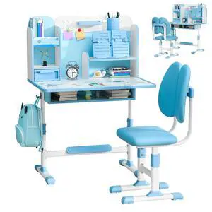 Small Desk, Kids Study Desk Chair Set, Height Adjustable Children School Study Table Chair Set with Sitting Corrector, Ergonomic Desk Chair with Book Stand, Foot Pedal, Partition Design (Blue) Small Desk, Kids Study Desk Chair Set, Height Adjustable Children School Study Table Chair Set with Sitting Corrector, Ergonomic Desk Chair with Book Stand, Foot Pedal, Partition Design (Blue)
