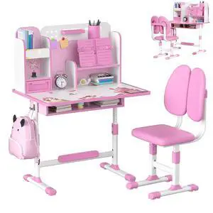 Small Desk, Kids Study Desk Chair Set, Height Adjustable Children School Study Table Chair Set with Sitting Corrector, Ergonomic Desk Chair with Book Stand, Foot Pedal, Partition Design (Pink) Small Desk, Kids Study Desk Chair Set, Height Adjustable Children School Study Table Chair Set with Sitting Corrector, Ergonomic Desk Chair with Book Stand, Foot Pedal, Partition Design (Pink)