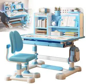 Small Desk, Kids Study Desk Chair Set, Height Adjustable Children School Study Table Chair Set with Sitting Corrector, Ergonomic Desk Chair with Book Stand, Foot Pedal, Partition Design (Blue1) Small Desk, Kids Study Desk Chair Set, Height Adjustable Children School Study Table Chair Set with Sitting Corrector, Ergonomic Desk Chair with Book Stand, Foot Pedal, Partition Design (Blue1)