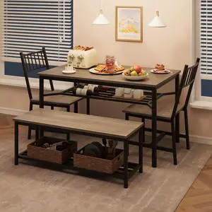 Dining Table Set for 4 with Bench and Chairs, 4-Piece Kitchen Table Set with Storage Space-Saving Dining Table for Apartments and Dining Rooms, Gray Dining Table Set for 4 with Bench and Chairs, 4-Piece Kitchen Table Set with Storage Space-Saving Dining Table for Apartments and Dining Rooms, Gray