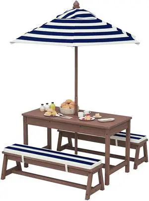 Kids Picnic Table, Outdoor Wooden Table & Bench Set with Cushions and Umbrella, Children Backyard Furniture for Patio, Garden, Navy Blue Kids Picnic Table, Outdoor Wooden Table & Bench Set with Cushions and Umbrella, Children Backyard Furniture for Patio, Garden, Navy Blue