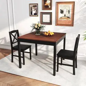 3-Piece Dining Table Set for 2, Wooden Square Kitchen Table with 2 Upholstered Chairs, Space-Saving Dining Room Furniture Set for Dining Room, Breakfast Nook, Small Space, Brown & Black 3-Piece Dining Table Set for 2, Wooden Square Kitchen Table with 2 Upholstered Chairs, Space-Saving Dining Room Furniture Set for Dining Room, Breakfast Nook, Small Space, Brown & Black