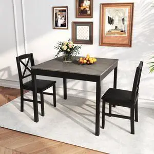 3-Piece Dining Table Set for 2, Wooden Square Kitchen Table with 2 Upholstered Chairs, Space-Saving Dining Room Furniture Set for Dining Room, Breakfast Nook, Small Space, Grey & Black 3-Piece Dining Table Set for 2, Wooden Square Kitchen Table with 2 Upholstered Chairs, Space-Saving Dining Room Furniture Set for Dining Room, Breakfast Nook, Small Space, Grey & Black