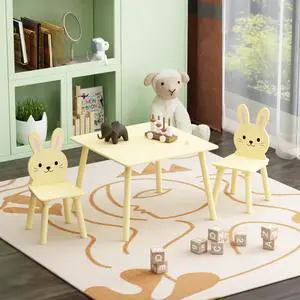 3 Piece Kids Table and Chairs Set, Wooden Toddler Desk with Bunny Backrest, Activity Play Table Set for Study, Drawing, Play, Boys & Girls Gift for Ages 2+, Cream Yellow 3 Piece Kids Table and Chairs Set, Wooden Toddler Desk with Bunny Backrest, Activity Play Table Set for Study, Drawing, Play, Boys & Girls Gift for Ages 2+, Cream Yellow