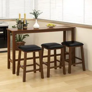 4-Piece Bar Table with Stools, Wooden Dining Bar Table & Chairs Set w/Power Outet, Kitchen Console Table w/ 3 Upholstered Stools for Living Room, Dining Room (Walnut Brown) 4-Piece Bar Table with Stools, Wooden Dining Bar Table & Chairs Set w/Power Outet, Kitchen Console Table w/ 3 Upholstered Stools for Living Room, Dining Room (Walnut Brown)