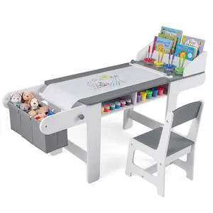 Kids Art Table and Chair, Wooden Children Craft Table with Paper Roll and Fabric Bins for Drawing Reading Studying Playing, Toddler Activity Desk Set for Home Playroom Classroom Kids Art Table and Chair, Wooden Children Craft Table with Paper Roll and Fabric Bins for Drawing Reading Studying Playing, Toddler Activity Desk Set for Home Playroom Classroom
