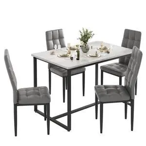 Dining Table Set for 4, PVC Faux Marble Kitchen Table Chairs Set of 4 with Upholstered PU Leather, Easy to Maintain, Sturdy and Scratch-Resistant, Space-Saving Dining Room Set Dining Table Set for 4, PVC Faux Marble Kitchen Table Chairs Set of 4 with Upholstered PU Leather, Easy to Maintain, Sturdy and Scratch-Resistant, Space-Saving Dining Room Set