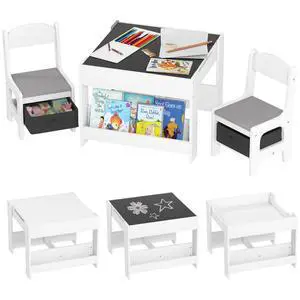 3 Piece Kids Table and Chair Set, 4 in 1 Toddler Wooden Activity Table with Reversible Tabletop Blackboard, Storage & Bookshelves for Playroom, Nursery, Gray 3 Piece Kids Table and Chair Set, 4 in 1 Toddler Wooden Activity Table with Reversible Tabletop Blackboard, Storage & Bookshelves for Playroom, Nursery, Gray