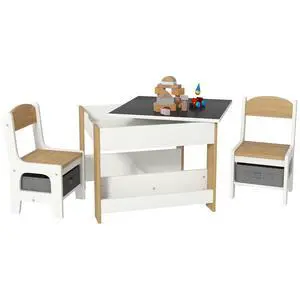 3 Piece Kids Table and Chair Set, 4 in 1 Toddler Wooden Activity Table with Reversible Tabletop Blackboard, Storage & Bookshelves for Playroom, Nursery, Natural 3 Piece Kids Table and Chair Set, 4 in 1 Toddler Wooden Activity Table with Reversible Tabletop Blackboard, Storage & Bookshelves for Playroom, Nursery, Natural