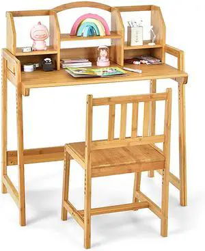Kids Desk and Chair Set, Height Adjustable Bamboo Study Desk with Storage Hutch and Bookshelf, Wooden Writing Table for Toddlers and Kids, Easy-Clean Surface, Natural (01) Kids Desk and Chair Set, Height Adjustable Bamboo Study Desk with Storage Hutch and Bookshelf, Wooden Writing Table for Toddlers and Kids, Easy-Clean Surface, Natural (01)