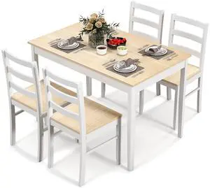 5 Piece Dining Table Set for 4, Space Saving Rectangular Dining Room Table with Rubber Wood Legs, Modern Kitchen Table Chairs Set of 4 for Dining Room, Living Room & Breakfast Nook (Natural) 5 Piece Dining Table Set for 4, Space Saving Rectangular Dining Room Table with Rubber Wood Legs, Modern Kitchen Table Chairs Set of 4 for Dining Room, Living Room & Breakfast Nook (Natural)