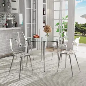 Silver Clear Round Glass Dining Table Set for 4, 36'' Small Minimalist Circle Kitchen Set, 5 Piece Modern Luxury Circular Dinner Room Set, Clear Acrylic Chairs, for Apartment Living Room Silver Clear Round Glass Dining Table Set for 4, 36'' Small Minimalist Circle Kitchen Set, 5 Piece Modern Luxury Circular Dinner Room Set, Clear Acrylic Chairs, for Apartment Living Room