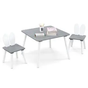 Kids Table and Chair Set, Children Wooden Activity Table & 2 Chairs Set, Solid Wood Legs, Easy Assembly, 3 Piece Rabbit Themed Toddler Furniture Set for Art Craft (Gray) Kids Table and Chair Set, Children Wooden Activity Table & 2 Chairs Set, Solid Wood Legs, Easy Assembly, 3 Piece Rabbit Themed Toddler Furniture Set for Art Craft (Gray)