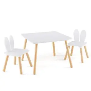 Kids Table and Chair Set, Children Wooden Activity Table & 2 Chairs Set, Solid Wood Legs, Easy Assembly, 3 Piece Rabbit Themed Toddler Furniture Set for Art Craft (White) Kids Table and Chair Set, Children Wooden Activity Table & 2 Chairs Set, Solid Wood Legs, Easy Assembly, 3 Piece Rabbit Themed Toddler Furniture Set for Art Craft (White)