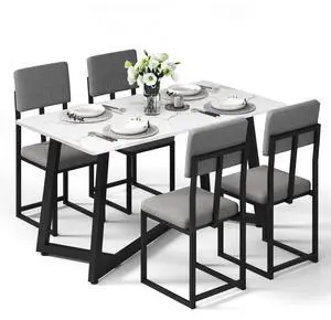Dining Table Set for 4, 47.27" Faux Marble Kitchen Table with 4 Upholstered Dining Chairs, Modern Dining Room Set for Apartment & Dining Room (Silver Linen) Dining Table Set for 4, 47.27" Faux Marble Kitchen Table with 4 Upholstered Dining Chairs, Modern Dining Room Set for Apartment & Dining Room (Silver Linen)