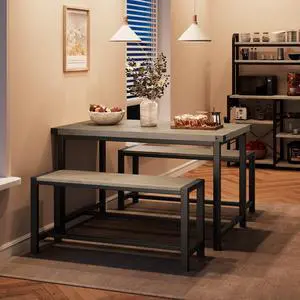 Dining Table Set for 4 with 2 Benches, 3-Piece Kitchen Table Set, Space-Saving Dining Set for Kitchen, Dining Room, Gray Dining Table Set for 4 with 2 Benches, 3-Piece Kitchen Table Set, Space-Saving Dining Set for Kitchen, Dining Room, Gray