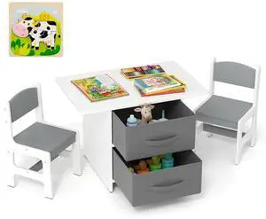 Kids Table and Chair Set, Wood Activity Table w/Toy Storage Baskets, Jigsaw Puzzle for Arts, Crafts, Reading, Children Playset Furniture for Preschool, Playroom, Toddler Table & Chair Set Kids Table and Chair Set, Wood Activity Table w/Toy Storage Baskets, Jigsaw Puzzle for Arts, Crafts, Reading, Children Playset Furniture for Preschool, Playroom, Toddler Table & Chair Set