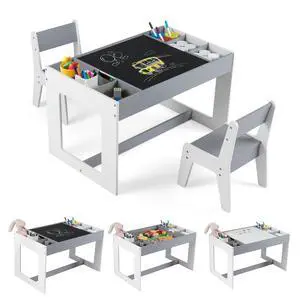 Kids Table and Chairs, Children Sturdy Wooden Activity Set w/Storage Cubbies, Removable Double-Sided Tabletop, for Art, Drawing, Reading, Dining, Toddler Table and Chair Set (Gray) Kids Table and Chairs, Children Sturdy Wooden Activity Set w/Storage Cubbies, Removable Double-Sided Tabletop, for Art, Drawing, Reading, Dining, Toddler Table and Chair Set (Gray)