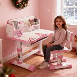 Kids Functional Desk and Chair Set, Height Adjustable Children School Study Table Chair Set with Cartoon Pattern, Ergonomic Desk Chair with Large Writing Board, Bookshelf and Book Bucket Pink Kids Functional Desk and Chair Set, Height Adjustable Children School Study Table Chair Set with Cartoon Pattern, Ergonomic Desk Chair with Large Writing Board, Bookshelf and Book Bucket Pink