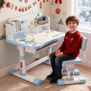 Kids Functional Desk and Chair Set, Height Adjustable Children School Study Table Chair Set with Cartoon Pattern, Ergonomic Desk Chair with Large Writing Board, Bookshelf and Book Bucket Blue Kids Functional Desk and Chair Set, Height Adjustable Children School Study Table Chair Set with Cartoon Pattern, Ergonomic Desk Chair with Large Writing Board, Bookshelf and Book Bucket Blue