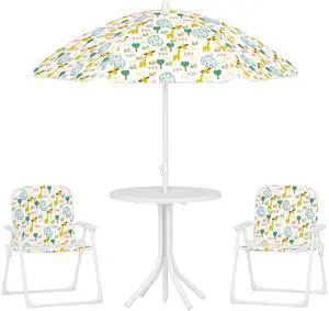 Kids Picnic Table and Chair Set, Outdoor Activity Table with Foldable Chairs, Removable Umbrella, Elephant and Giraffe Pattern Toddler Patio Furniture for Backyard, Garden, White Kids Picnic Table and Chair Set, Outdoor Activity Table with Foldable Chairs, Removable Umbrella, Elephant and Giraffe Pattern Toddler Patio Furniture for Backyard, Garden, White