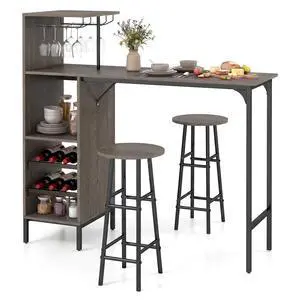 3 Pieces Bar Table and Stools Set, Bistro Table Set with Glass Holder, 2 Tier Wine Rack & Storage Shelves, Kitchen Counter Table with 2 Stools for Home, Dining Room, Restaurant (Oak Gray) 3 Pieces Bar Table and Stools Set, Bistro Table Set with Glass Holder, 2 Tier Wine Rack & Storage Shelves, Kitchen Counter Table with 2 Stools for Home, Dining Room, Restaurant (Oak Gray)